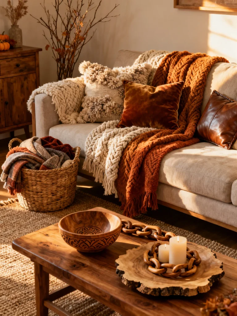 Cozy fall living room with layered knit blankets, textured throw pillows, warm earth-tone accents, rustic wood furniture, candles, and woven baskets for inviting autumn decor.