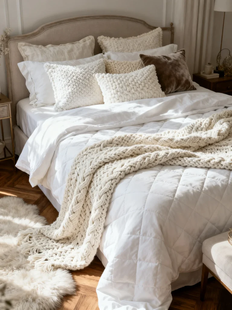 White bedding layered with textured knit blankets, quilted bedding, plush accent pillows, and soft neutral cushions creating a cozy, inviting bedroom design.