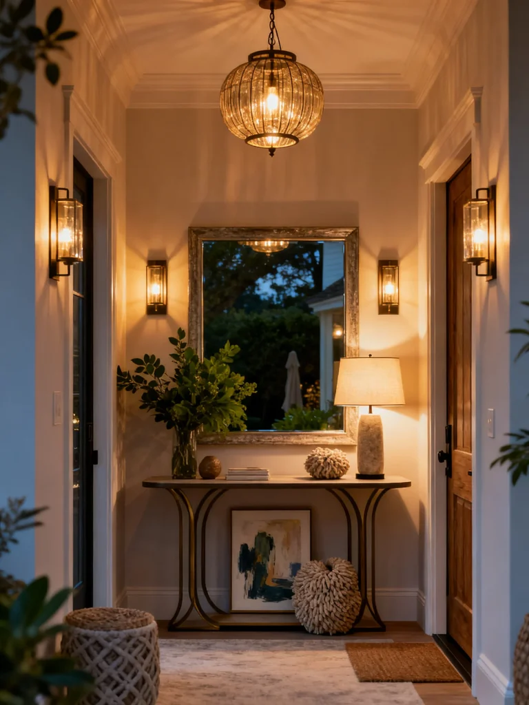 Warmly lit entryway featuring layered lighting with pendant light, wall sconces, table lamp, mirror, and elegant console table.