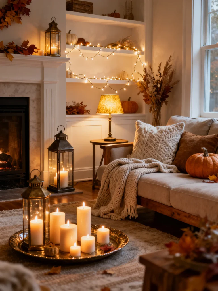 Cozy fall living room illuminated with candles, lanterns, string lights, and a fireplace, featuring chunky knit blankets, pumpkins, and warm autumn decor.