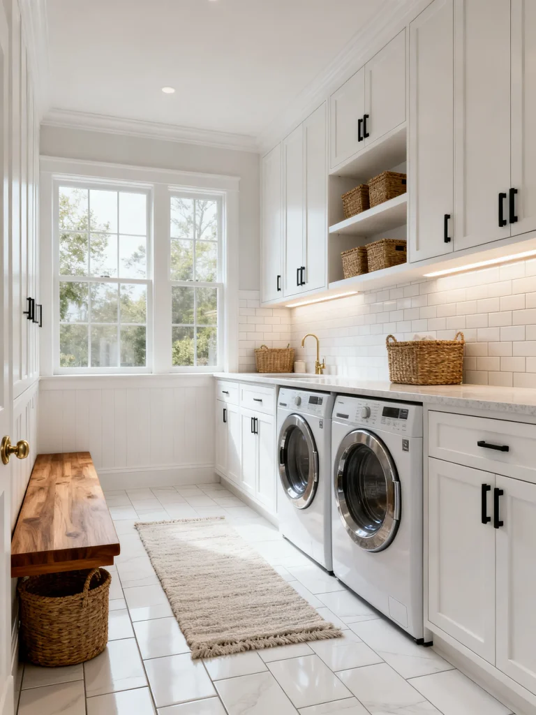 Bright mud room laundry room combo with white cabinets, front-loading washer and dryer, built-in storage, wood bench, subway tile backsplash, and easy-to-clean tile flooring.
