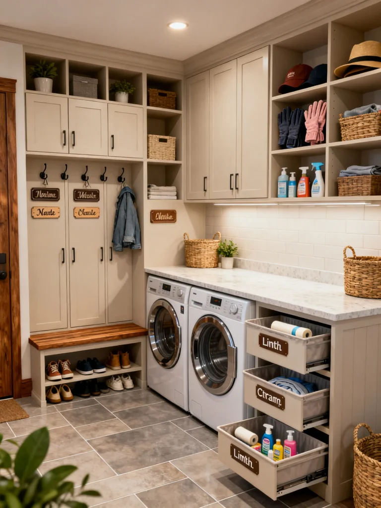 Mud room laundry room combo with built-in locker wall, labeled pull-out sorting drawers, front-loading washer and dryer, overhead cabinets, bench seating, and organized storage.