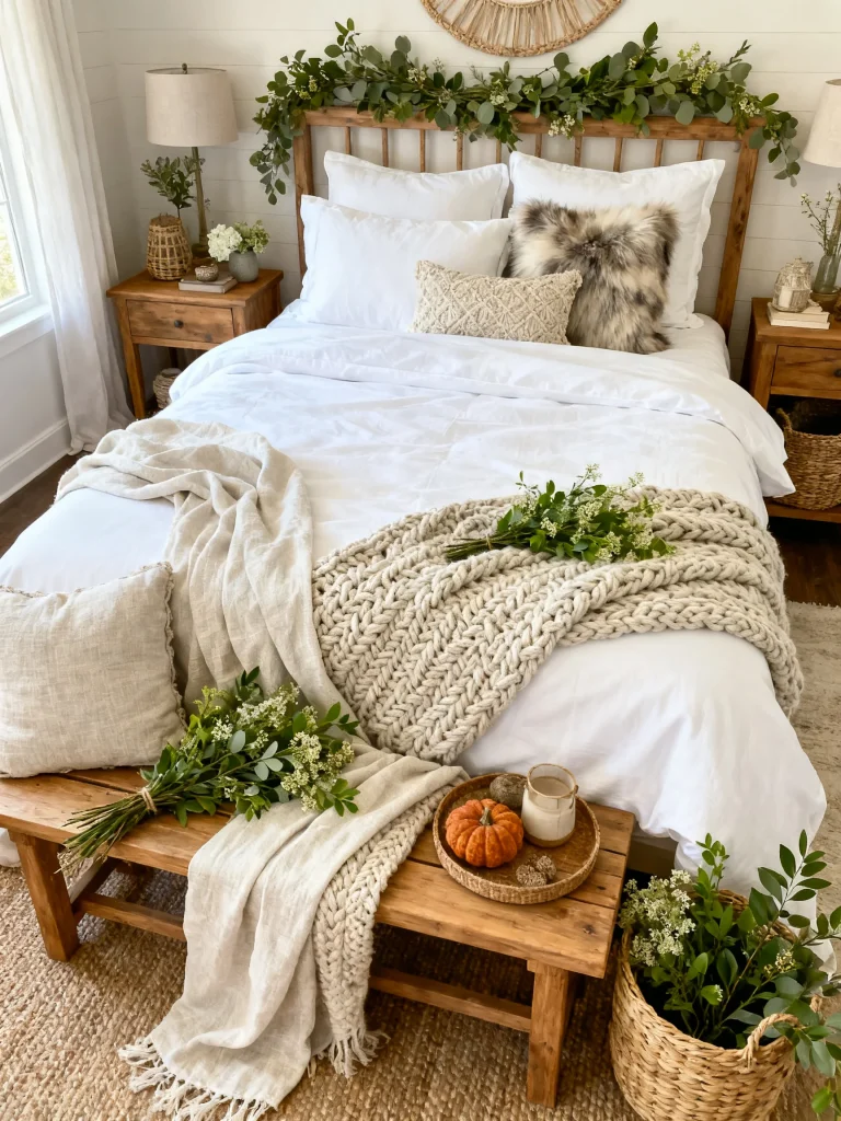 White bedding styled for the season with chunky knit blankets, natural greenery garlands, rustic wood furniture, woven baskets, and cozy autumn-inspired accents.