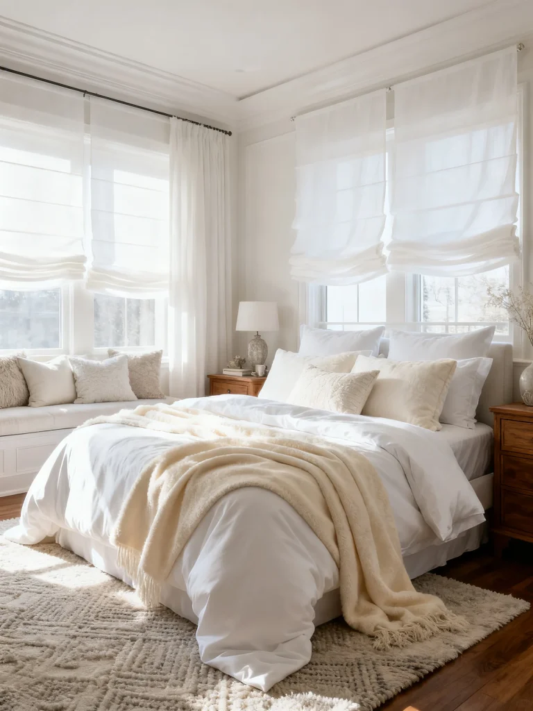 Bright white bedroom featuring layered white bedding, warm ivory throws, cream accent pillows, and natural wood furniture for a cozy and elegant neutral design.