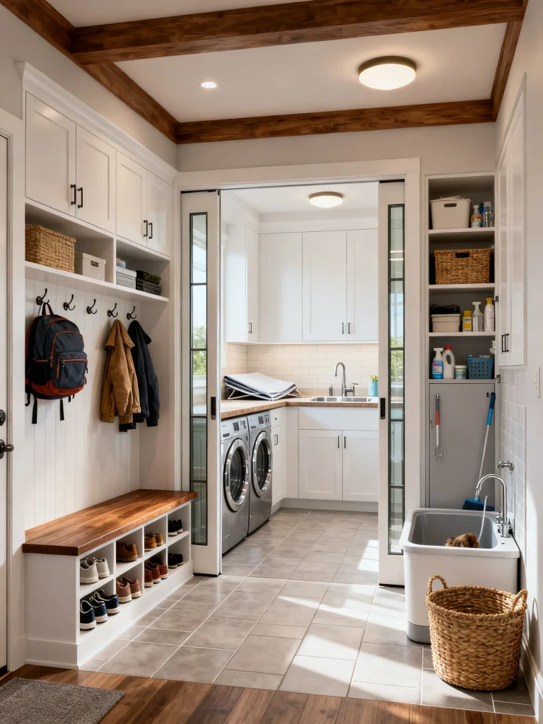 Mud room laundry room combo with distinct entry, laundry, and utility zones featuring a bench, hooks, utility sink, built-in storage, and sliding glass doors for efficient traffic flow.