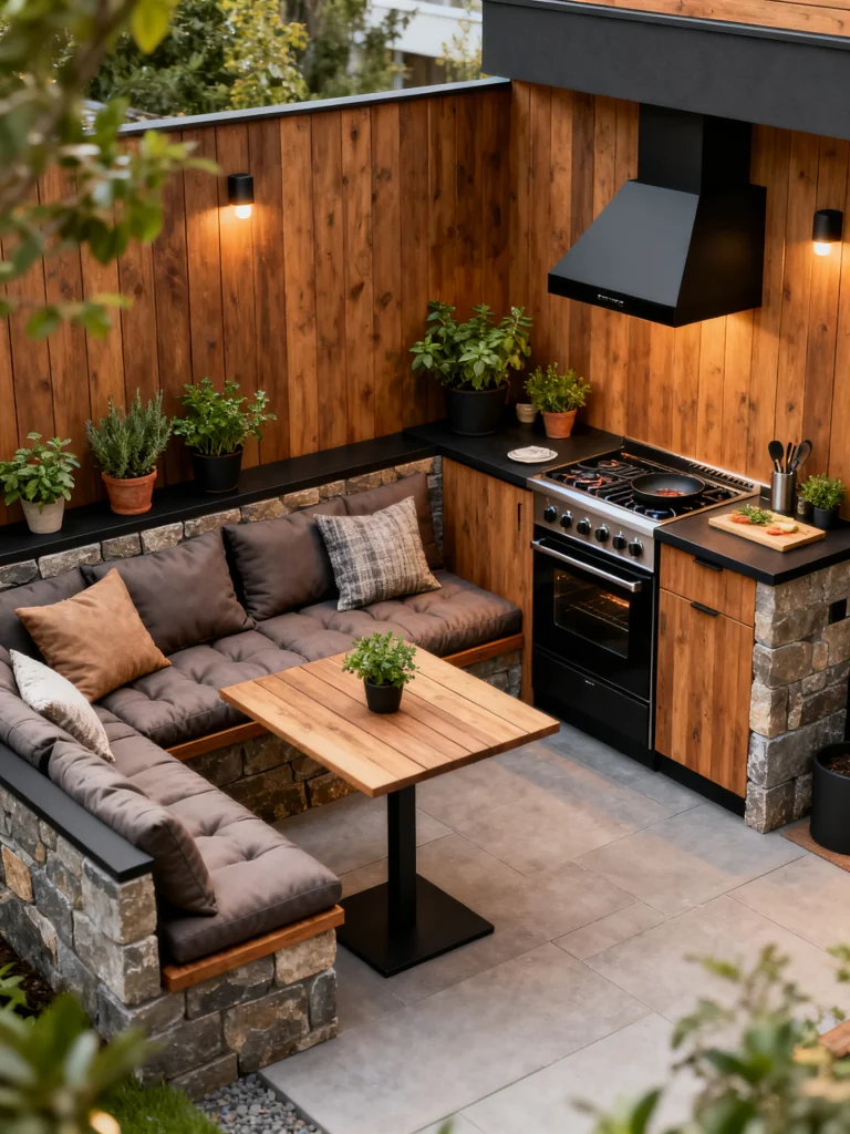 Small outdoor kitchen with built-in bench seating, stone bases, cushioned lounge seating, and a compact cook line featuring wood cabinetry and a black range hood.