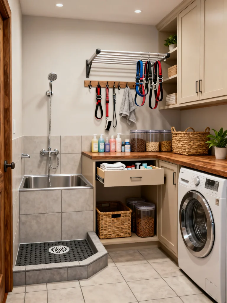 Pet-friendly mud room laundry room combo with a built-in dog washing station, grooming area, front-loading washer, storage cabinets, pet supplies, and organized cleaning space.