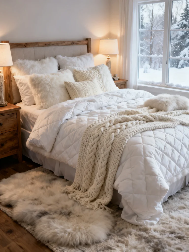 Cozy winter white bedroom with layered bedding, chunky knit blanket, fluffy faux fur pillows, warm wood furniture, and snowy outdoor views.