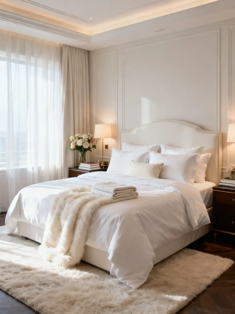 Hotel-inspired white bedroom with crisp layered bedding, plush white duvet, elegant upholstered headboard, soft lighting, and luxurious neutral accents.