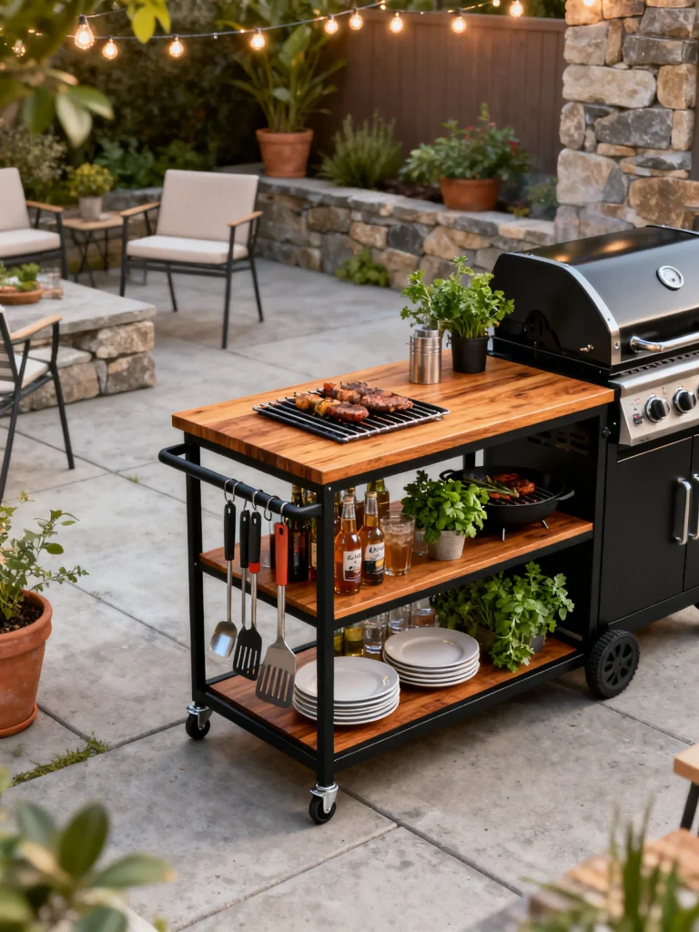 Outdoor bar cart island with wood shelves, hanging grill tools, dish storage, and a butcher block countertop beside a barbecue grill on a cozy backyard patio.