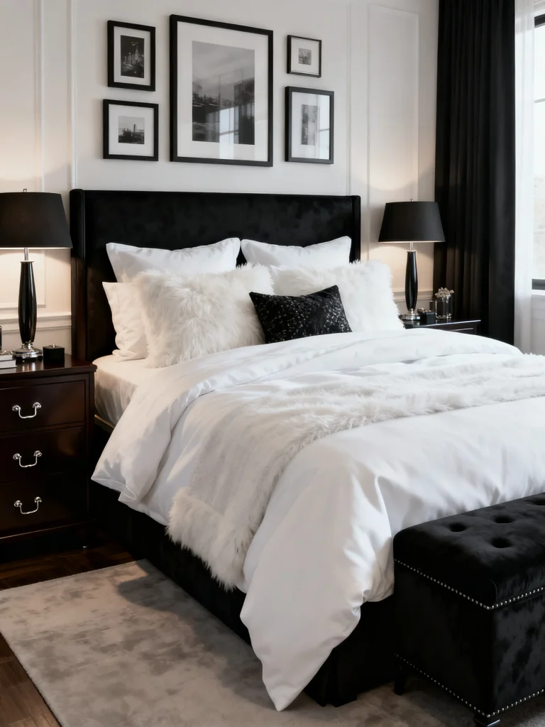 White bedding paired with black furniture, dark curtains, black-framed artwork, and dramatic high-contrast accents in a sophisticated modern bedroom.