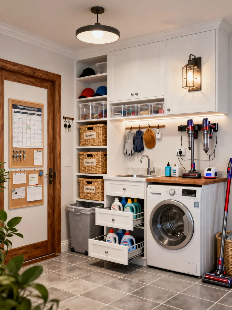 Mud room laundry room combo with labeled storage baskets, pull-out laundry drawers, under-cabinet lighting, utility sink, family command center, and organized built-in cabinets.