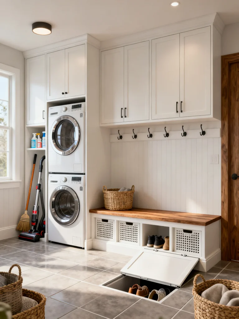 Stackable washer and dryer mud room laundry room combo with a full-length storage bench, overhead cabinets, wall hooks, hidden shoe storage, and built-in organization.