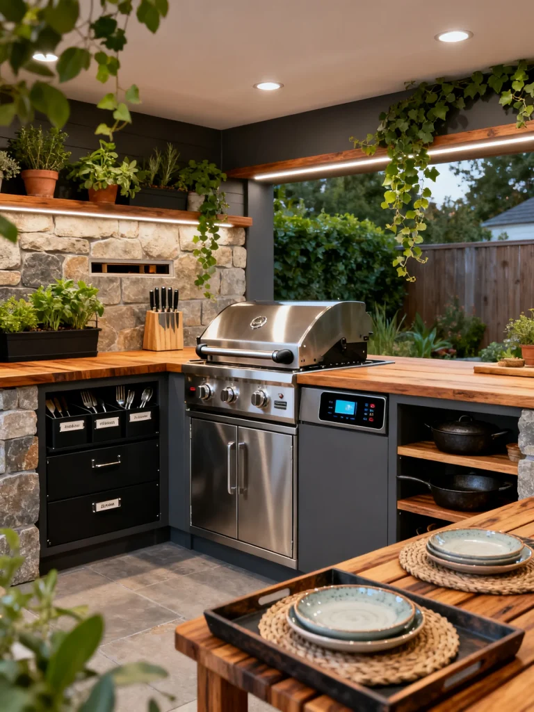 Smart grill station outdoor kitchen with a built-in stainless steel grill, stone accents, wood countertops, open shelving, and hanging greenery in a modern covered patio.