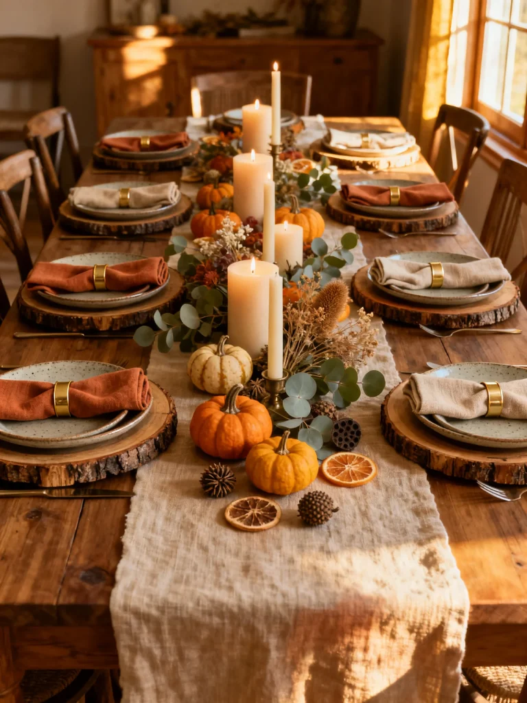 Rustic fall dining table styled with pumpkins, pillar candles, eucalyptus garland, wood slice chargers, linen runner, and warm autumn place settings for a cozy harvest-inspired tablescape.
