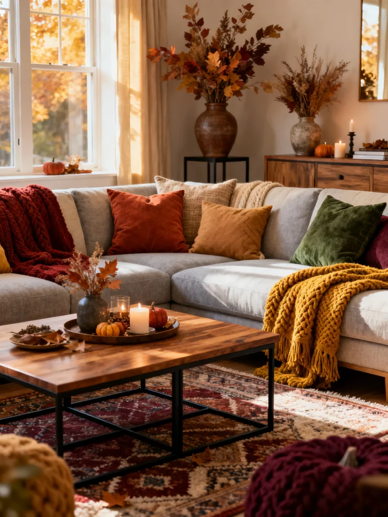 Cozy living room decorated with a warm fall color palette featuring rust, mustard, olive green, and burgundy pillows, chunky knit throws, autumn florals, candles, and seasonal accents.