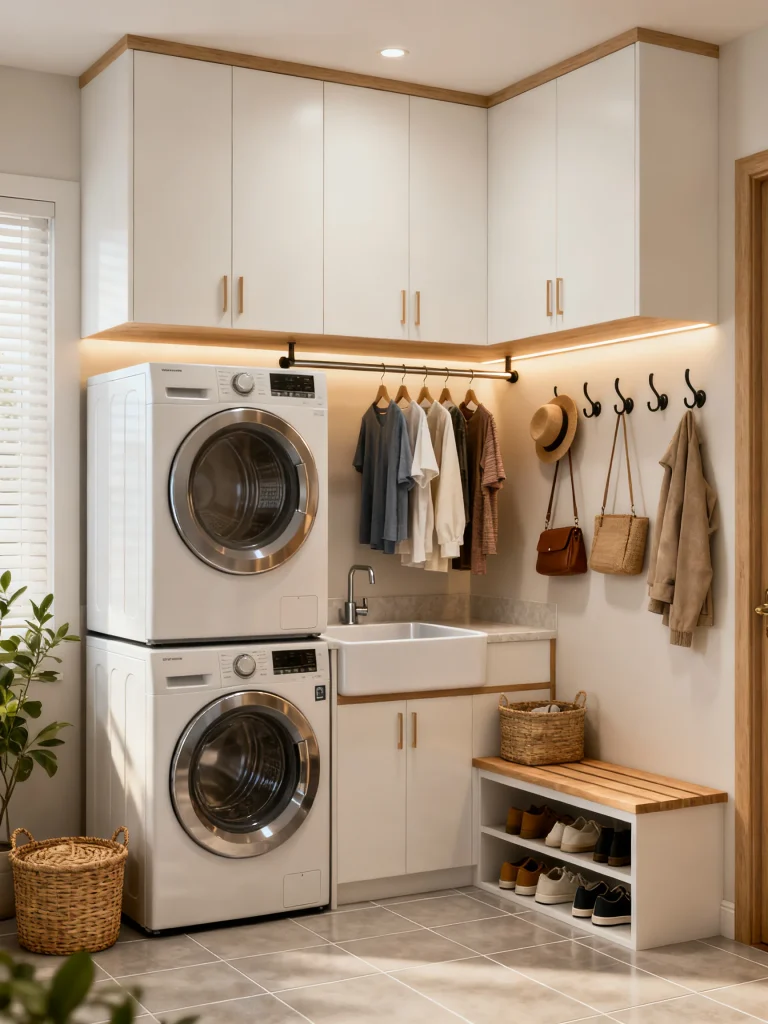 Single-wall mud room laundry room combo with stacked washer and dryer, farmhouse sink, floor-to-ceiling cabinets, bench seating, wall hooks, and shoe storage.