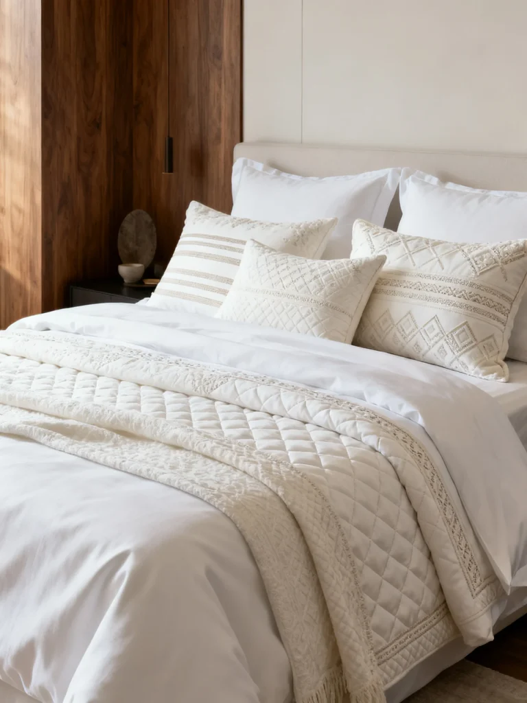 White bedroom featuring tone-on-tone patterned bedding, textured cream accent pillows, quilted layers, and warm wood accents for a sophisticated neutral design.