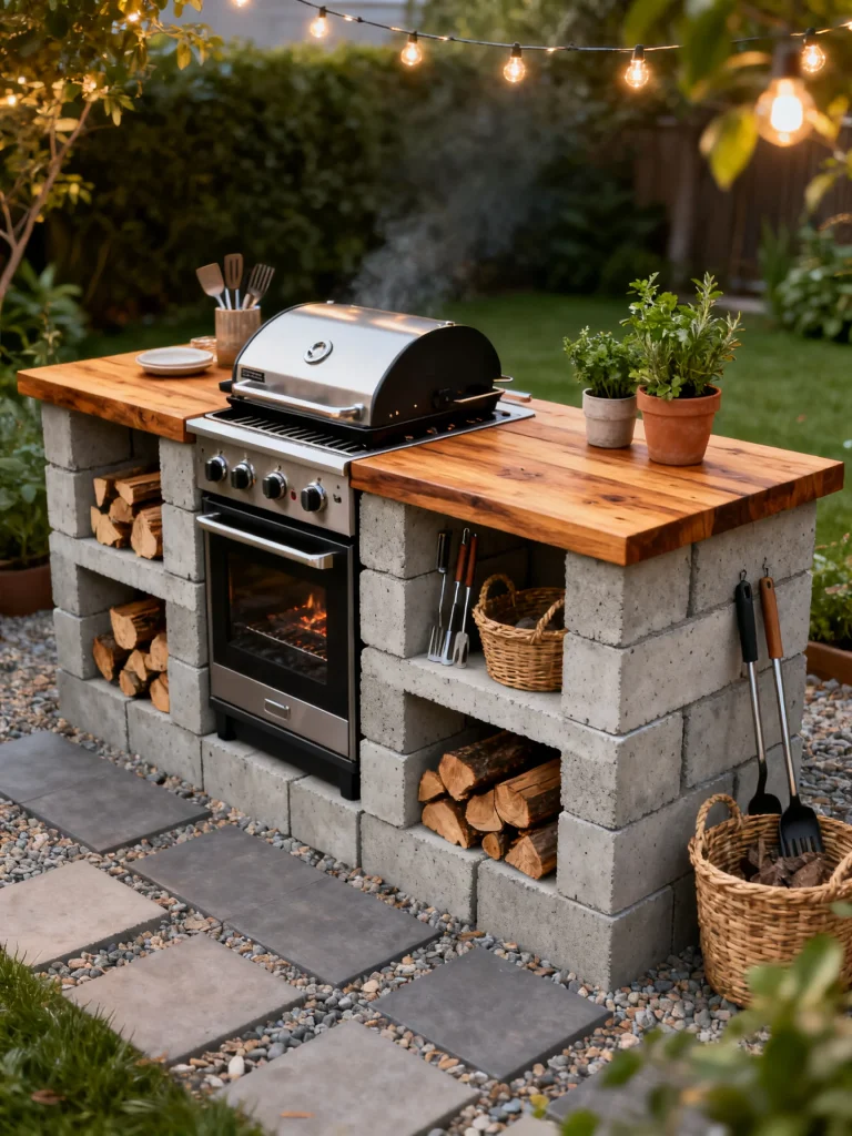 Budget-friendly outdoor kitchen built with concrete blocks and wood countertops, featuring a built-in grill, open storage, and rustic accessories under string lights.