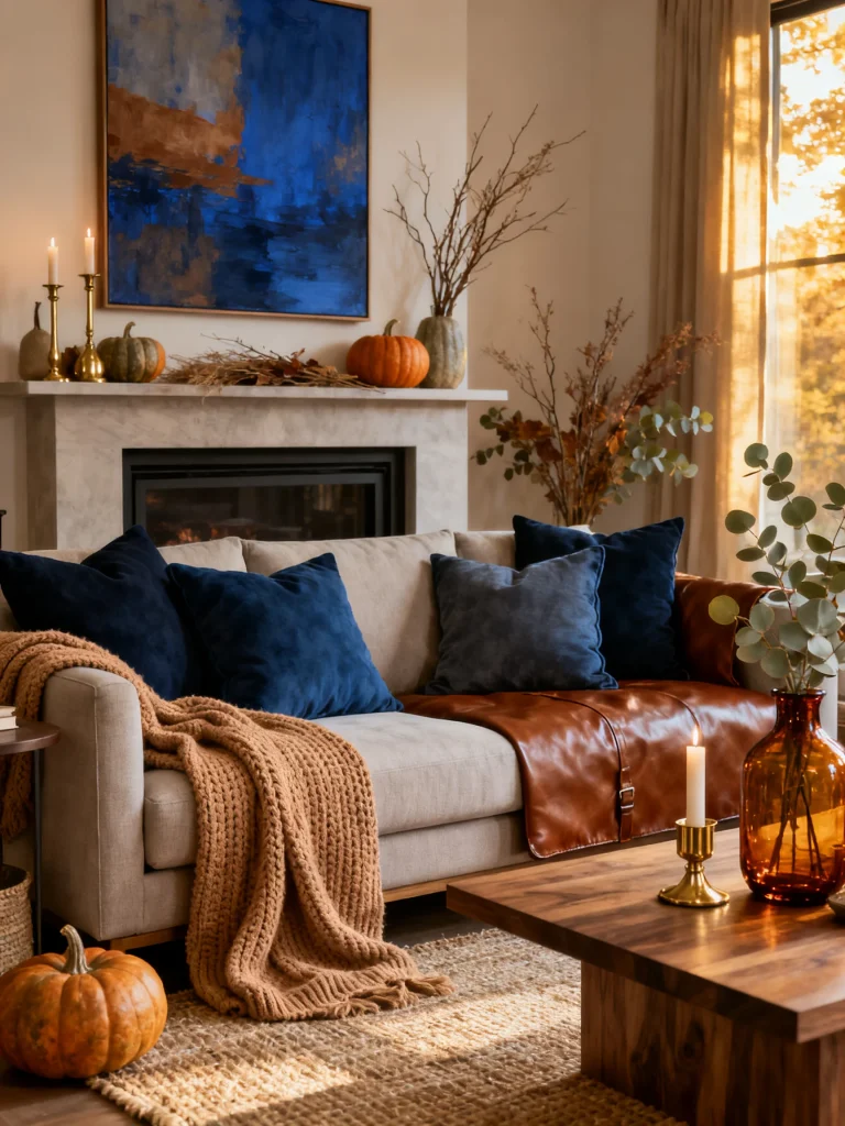 Modern fall living room featuring navy blue velvet pillows, cognac leather accents, pumpkins, eucalyptus, and warm neutral decor with a blue abstract artwork.