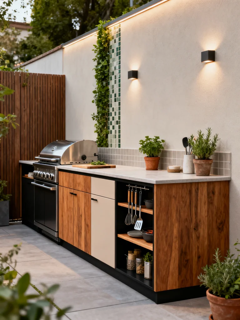 Slim outdoor kitchen counter run built along a wall with wood cabinets, open shelving, a stainless steel grill, and modern lighting in a narrow backyard space.