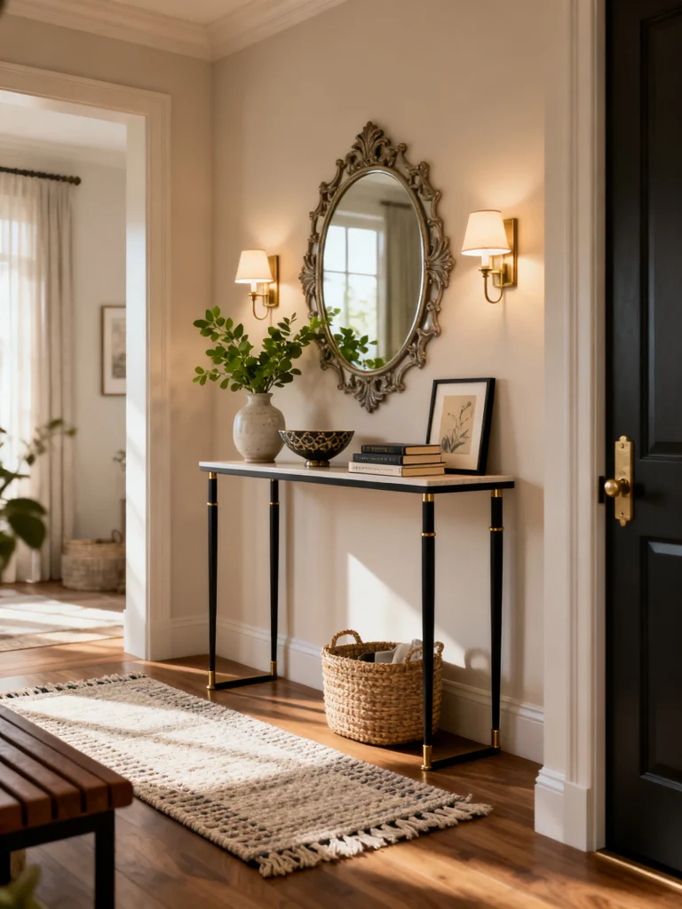 Elegant entryway decor featuring a black console table, ornate mirror, wall sconces, woven basket, and neutral runner rug.
