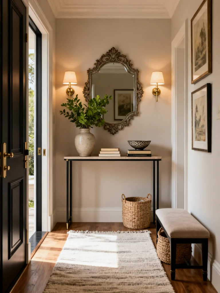 Neutral entryway decor with a console table, ornate mirror, wall sconces, upholstered bench, woven baskets, and a soft area rug.