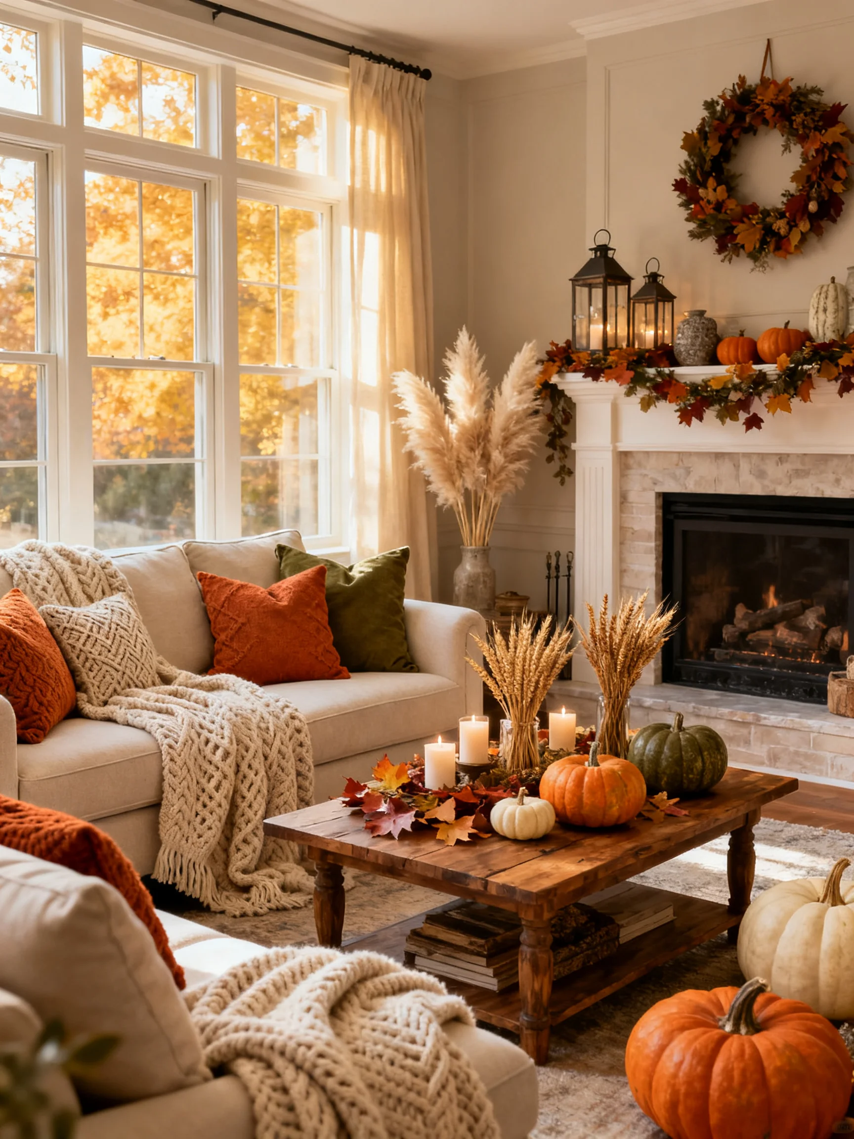 Cozy fall living room decorated with pumpkins, autumn wreath, warm blankets, candles, pampas grass, and a fireplace mantel adorned with seasonal garland and lanterns.