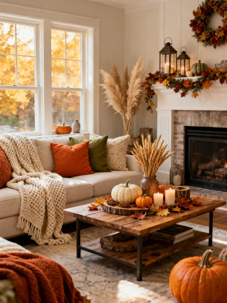 Cozy fall living room featuring a white sofa with knit blankets, autumn-colored pillows, pumpkins, candles, pampas grass, and a decorated fireplace mantel with a fall wreath.