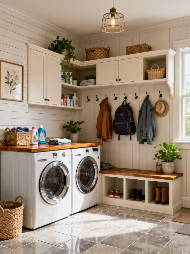 Mud room laundry room combo with front-loading washer and dryer, built-in storage cabinets, open shelving, wall hooks, bench seating, shoe cubbies, and woven baskets.