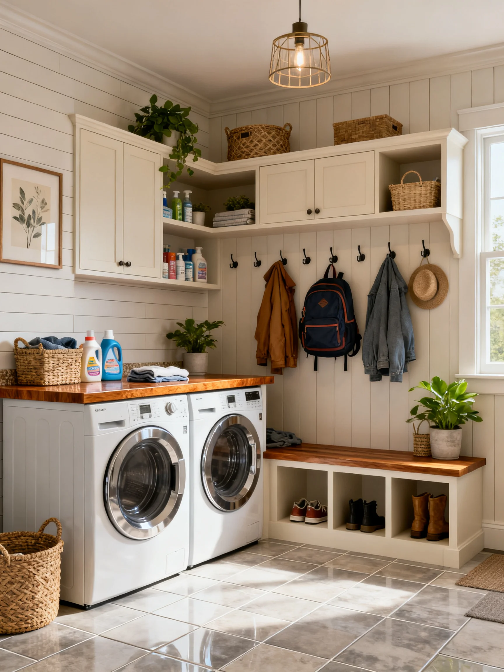 Mud room laundry room combo with front-loading washer and dryer, built-in storage cabinets, open shelving, wall hooks, bench seating, shoe cubbies, and woven baskets.