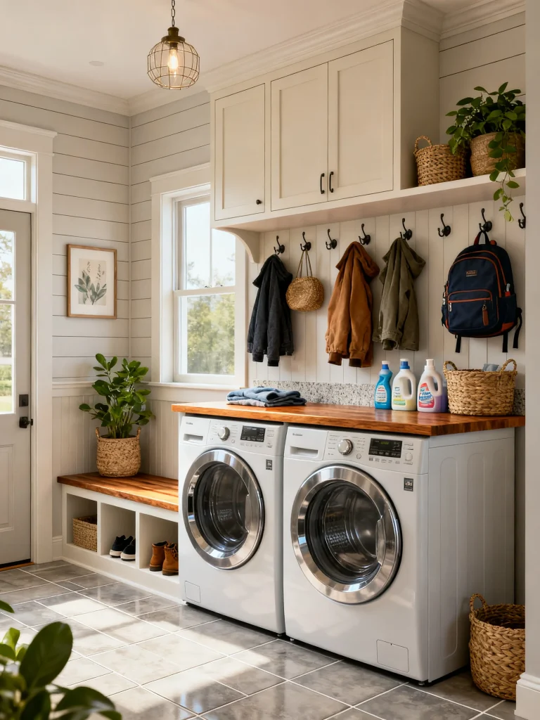 Farmhouse mud room laundry room combo with front-loading washer and dryer, built-in cabinets, wood countertop, wall hooks, bench seating, shoe cubbies, and woven storage baskets.