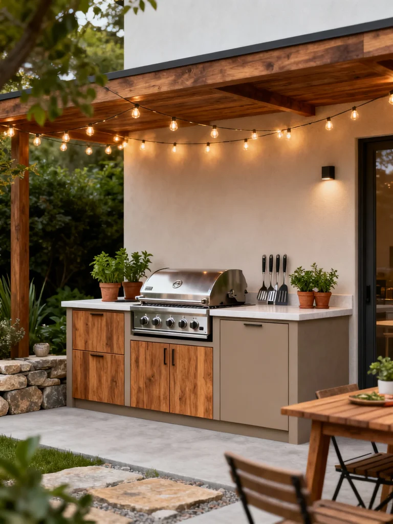 Simple outdoor kitchen with a built-in stainless steel grill, wood-tone cabinets, white countertops, and warm string lights beneath a covered patio.