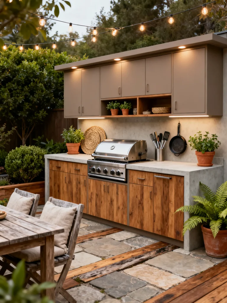 Modern simple outdoor kitchen with wood cabinets, concrete countertops, a built-in stainless steel grill, upper storage cabinets, and string lights in a cozy backyard patio.