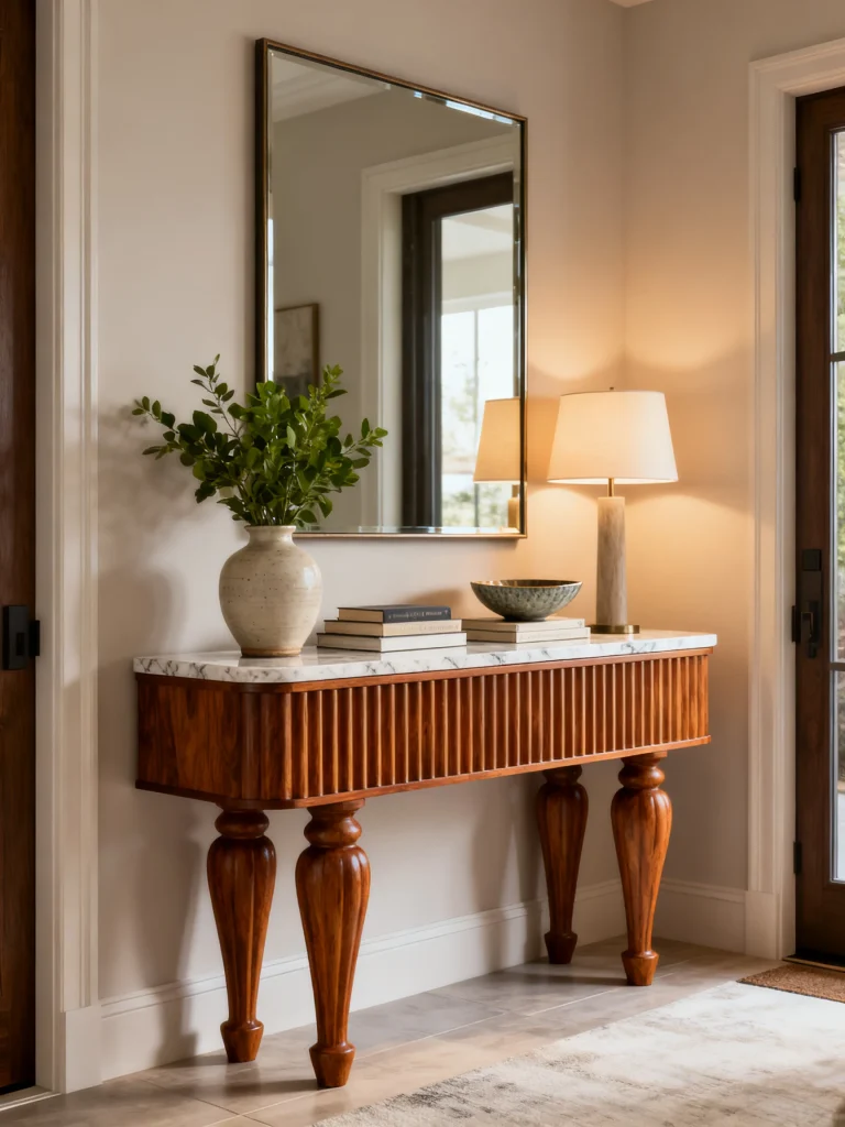 Elegant statement console table with marble top, large mirror, table lamp, and decorative accessories in a modern entryway.
