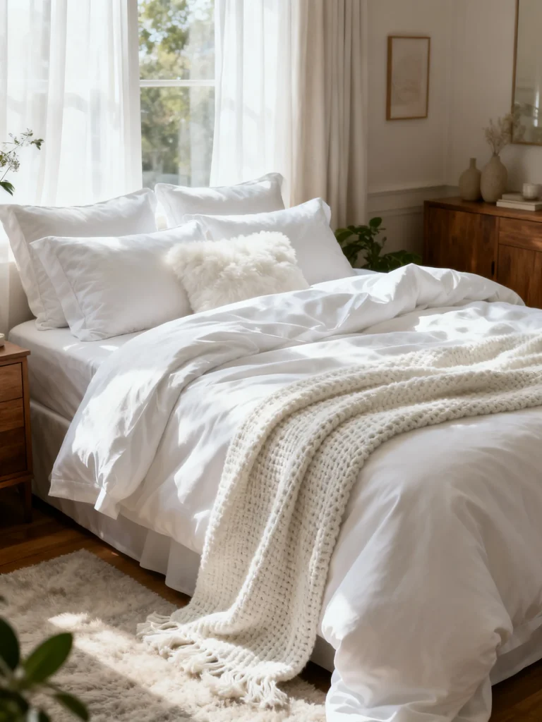 Bright bedroom featuring crisp white bedding, fluffy white pillows, a textured knit throw blanket, and soft natural sunlight streaming through sheer curtains.