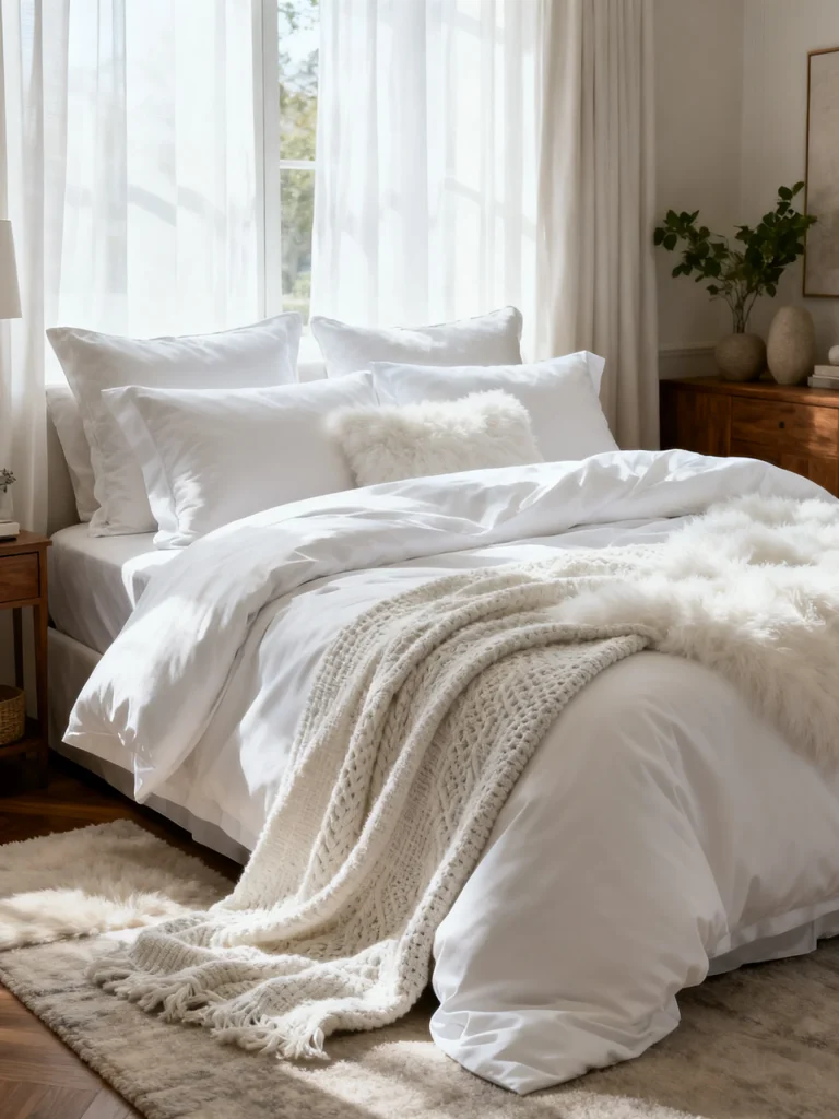 Cozy white bedding bedroom with layered white pillows, fluffy accent cushions, a chunky knit throw blanket, and soft sunlight streaming through sheer curtains.