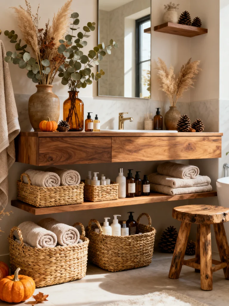 Fall bathroom with woven baskets, natural wood vanity, rustic stool, eucalyptus, pampas grass, pumpkins, and cozy neutral decor.