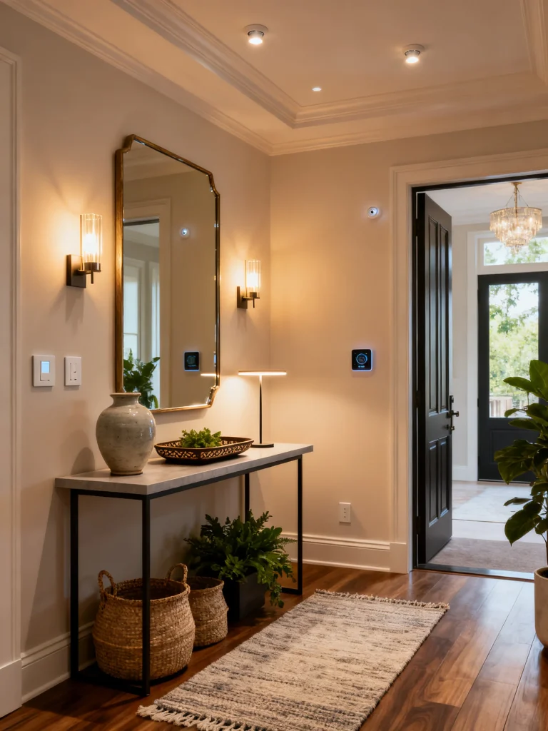 Modern entryway with smart lighting controls, motion sensors, wall sconces, a minimalist table lamp, and a sleek console table creating an automated, energy-efficient foyer.