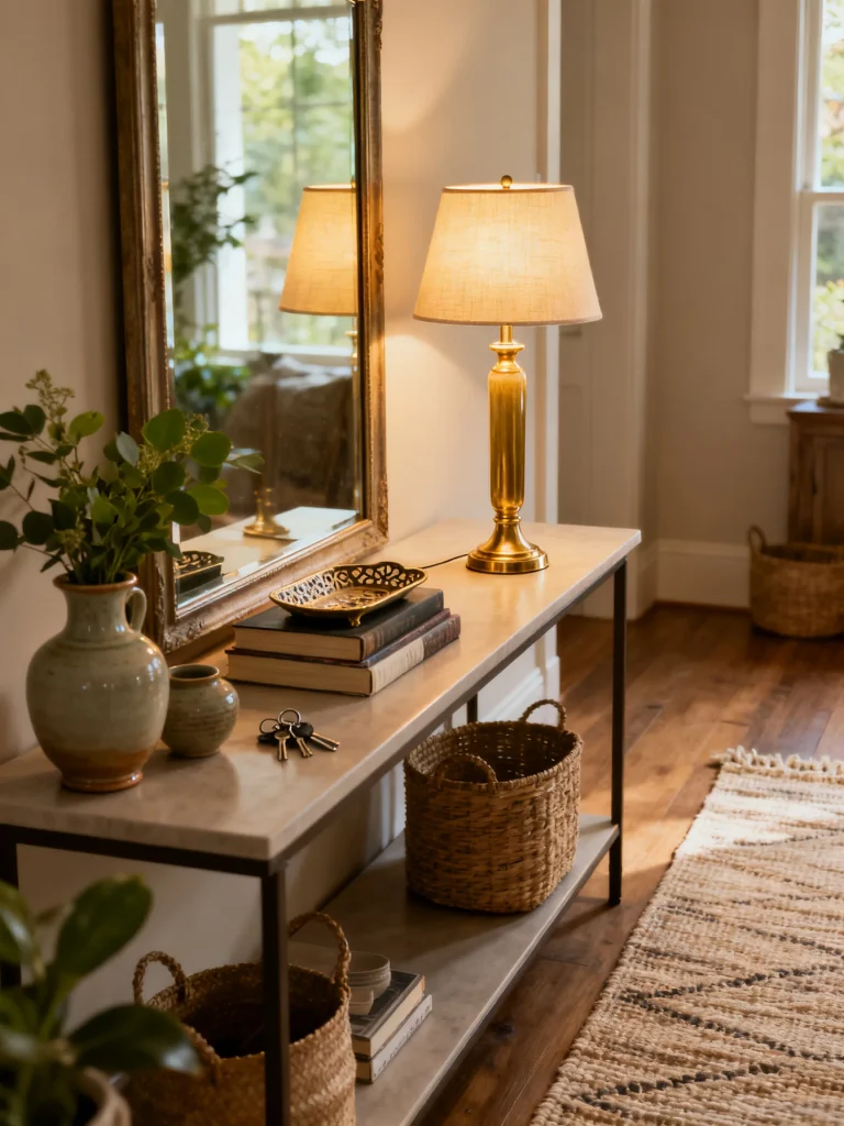 Slim brass table lamp on a narrow entryway console table with a large mirror, decorative greenery, woven baskets, and a textured runner creating warm, functional lighting.