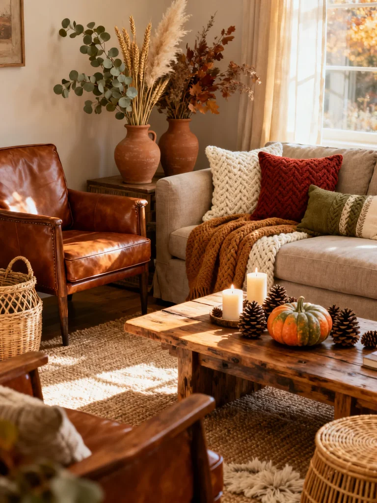 Cozy autumn living room featuring wood furniture, leather chairs, woven rattan baskets, clay vases, and warm fall decor with pumpkins and candles.