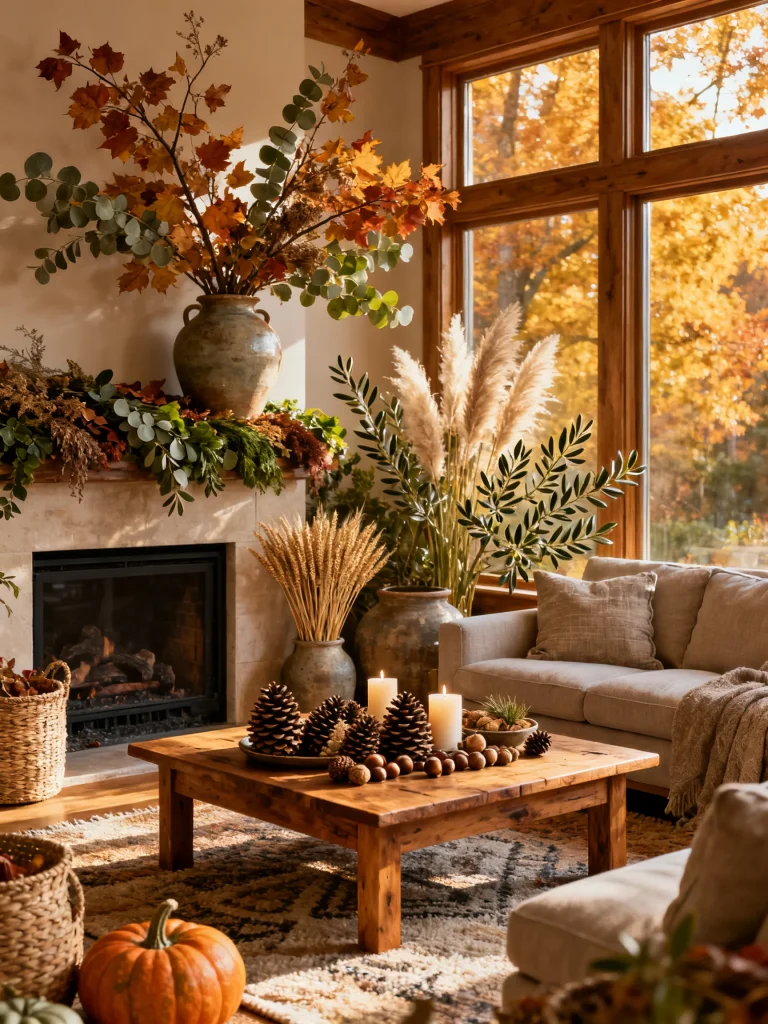 Autumn living room decorated with fall branches, eucalyptus, pampas grass, wheat stems, pinecones, and pumpkins in rustic ceramic vases.