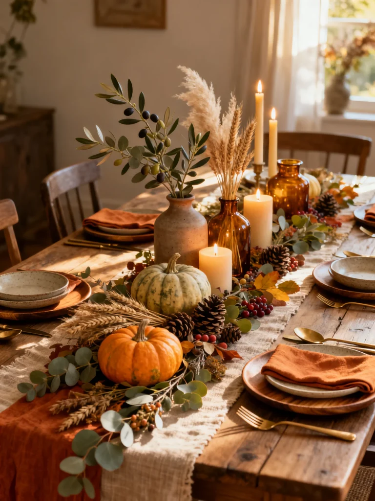 Low fall centerpiece with pumpkins, eucalyptus, candles, pinecones, berries, and pampas grass styled on a rustic farmhouse dining table.