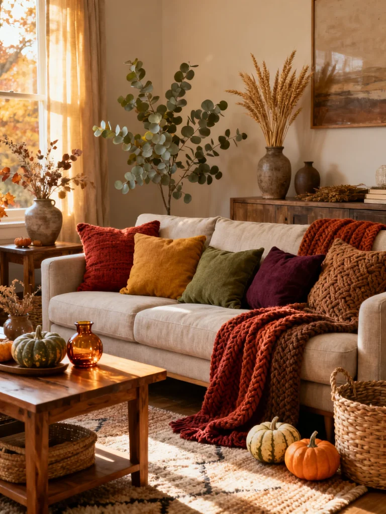 Warm autumn living room featuring a neutral sofa with rust, mustard, olive, and burgundy pillows, cozy knit blankets, pumpkins, and natural fall decor.