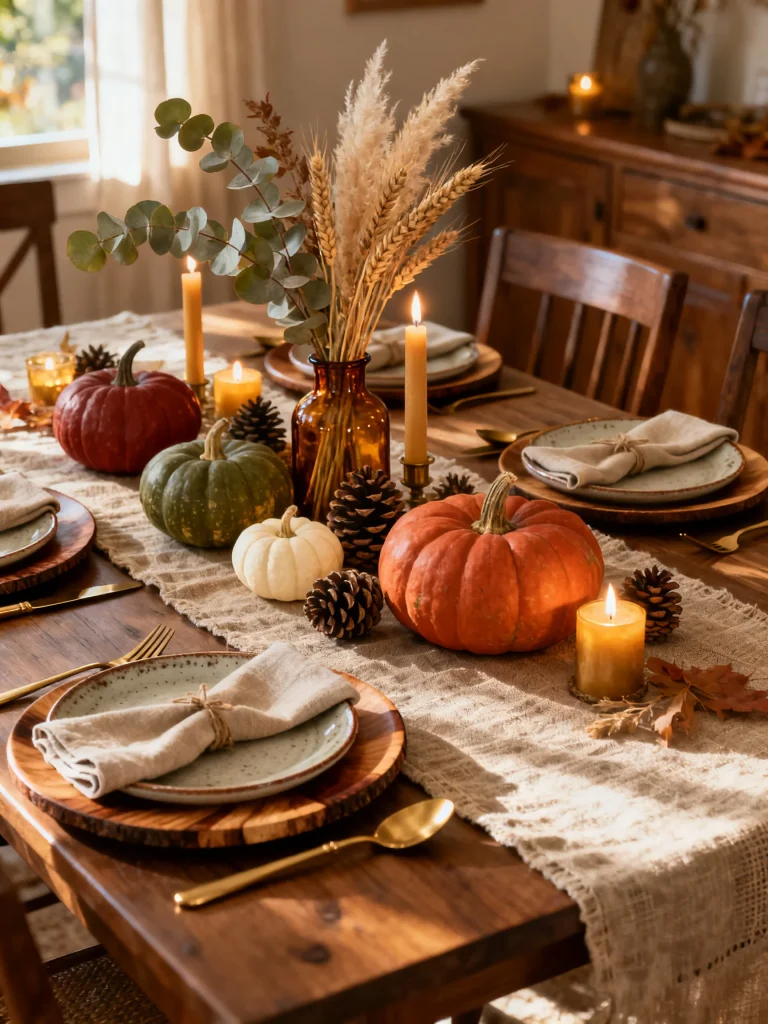 Fall tablescape with a cohesive autumn color palette featuring orange, cream, olive green, eucalyptus, pumpkins, candles, and neutral dinnerware.