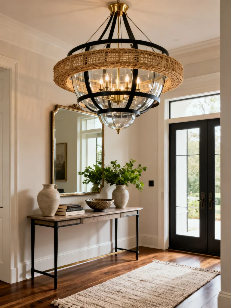 Large woven rattan and black metal statement pendant chandelier hanging above a modern entryway with a console table, oversized mirror, and bright front doors.