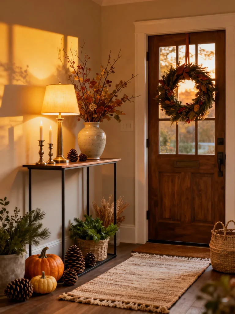 Cozy fall entryway with a warm table lamp, autumn wreath, pumpkins, pinecones, candles, and seasonal foliage creating an inviting harvest-inspired entrance.