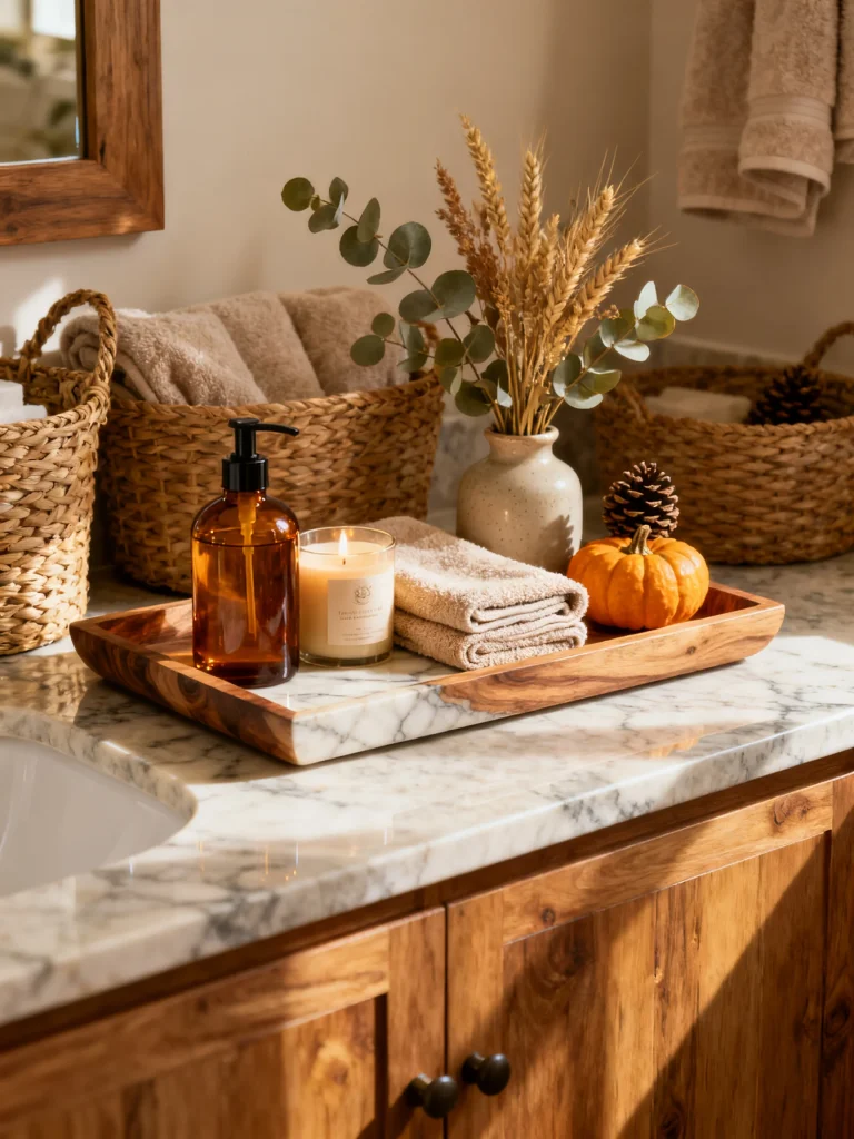 Functional fall bathroom vignette with a wooden tray, amber soap dispenser, lit candle, folded towels, eucalyptus, wheat stems, and a mini pumpkin.
