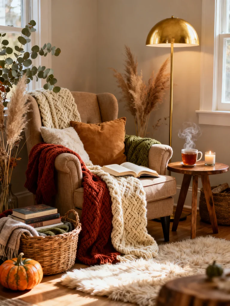 Cozy autumn reading nook with a plush armchair, chunky knit blankets, warm pillows, floor lamp, hot tea, and seasonal fall decor.