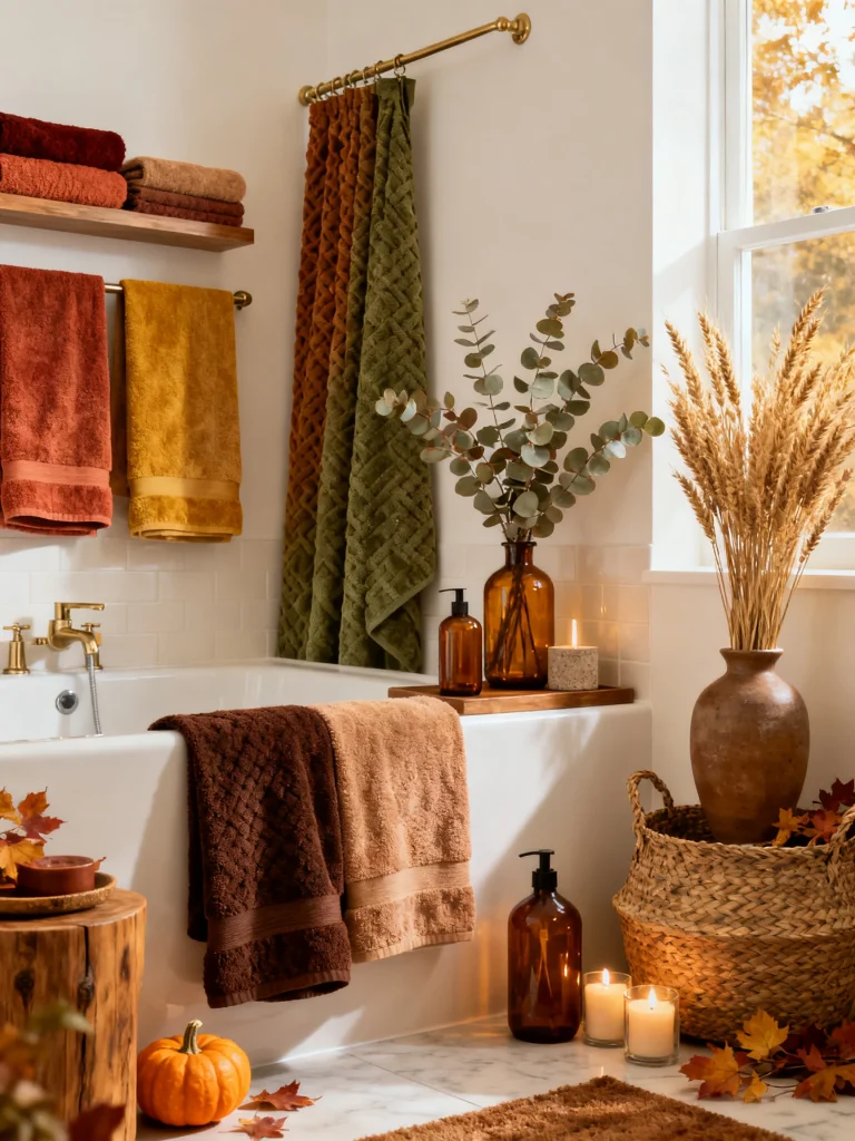 Fall bathroom with autumn-colored towels, amber glass decor, eucalyptus, dried wheat, candles, woven baskets, and seasonal accents.